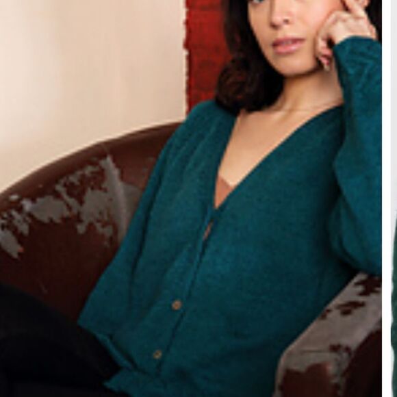 Emerald green mohair wool blend V -neck cardigan 3/4 sleeves size S - Picture 2 of 10